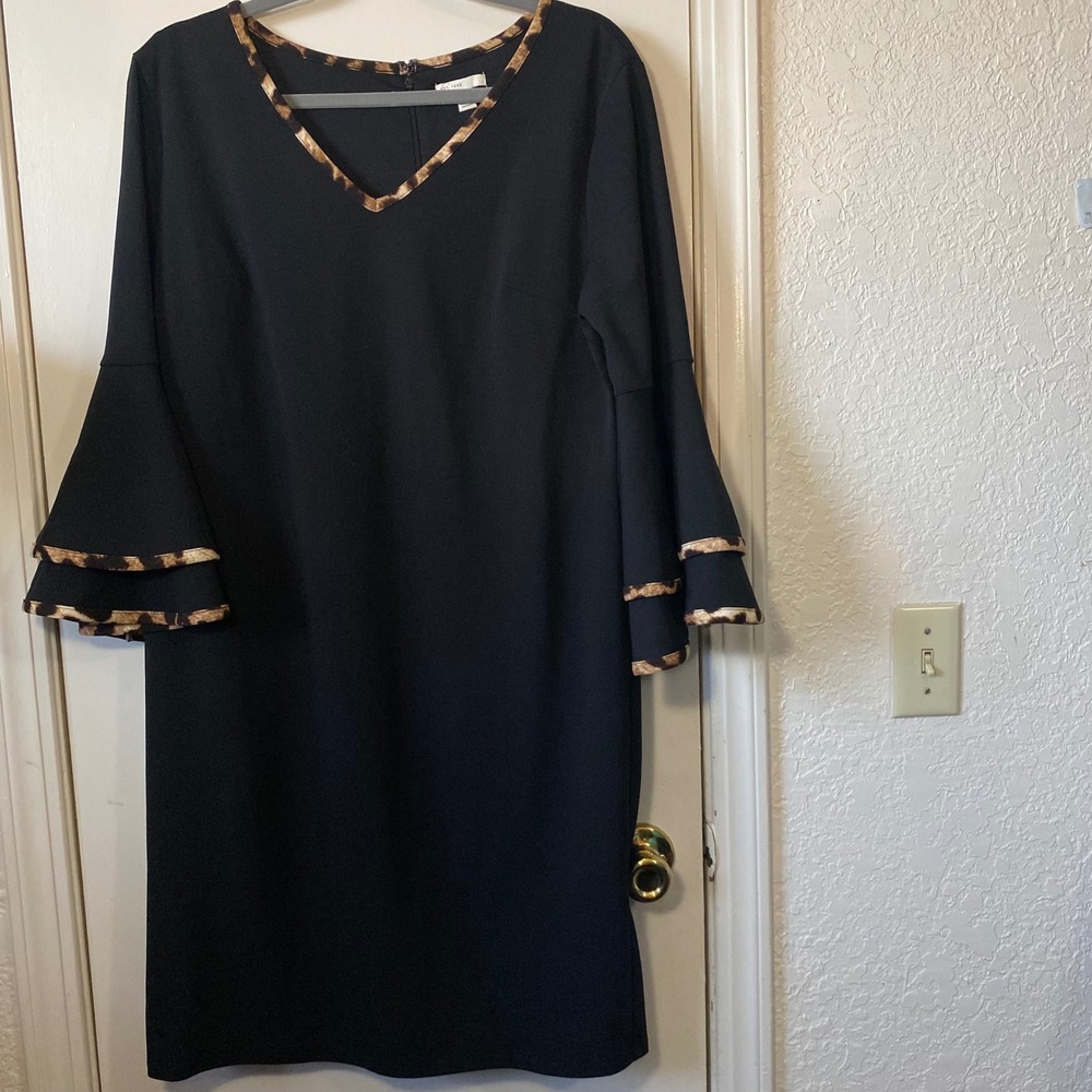 Cato Black Dress Size 14 Leopard Trim Long Sleeve Tiered Bell Cuff